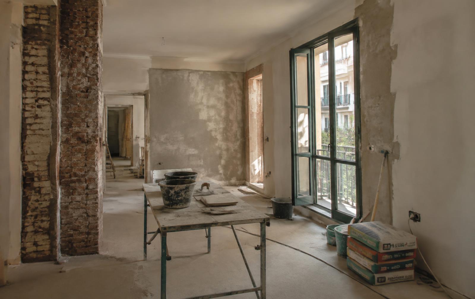 Vivienda en plena reforma interior con paredes en obra y materiales